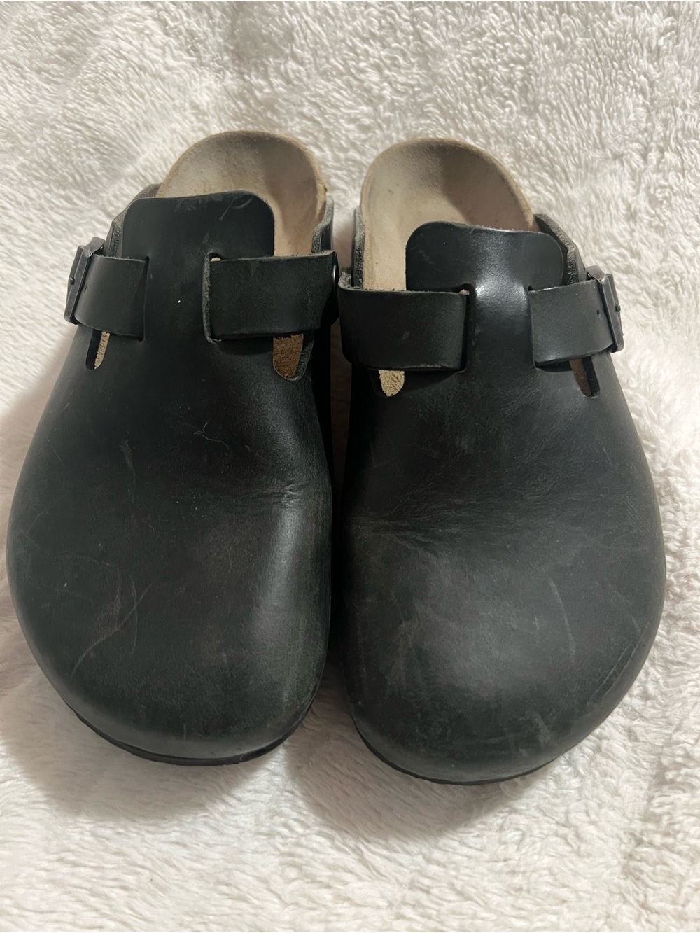 Birkenstock Black Leather Boston Clogs with Buckle